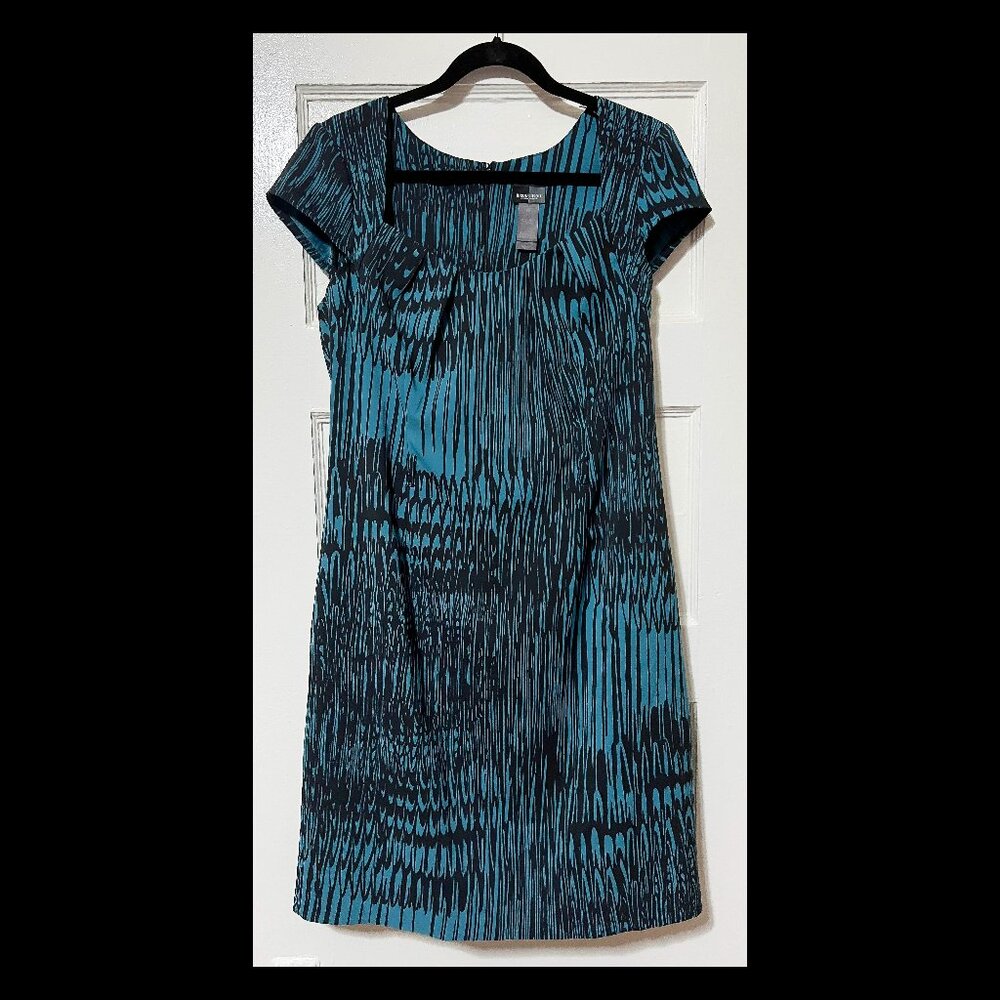 Bisou Bisou Womens Turquoise Black Square Neck Cap Sleeve Sheath Dress Size 16
